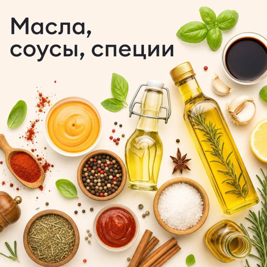 Масла, соусы, специи, сахар, соль